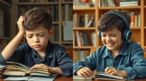 A frustrated student surrounded by books vs. a happy student learning with headphones.