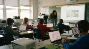 A hopeful classroom scene—students learning joyfully, using modern tools, teachers guiding—not lecturing.
