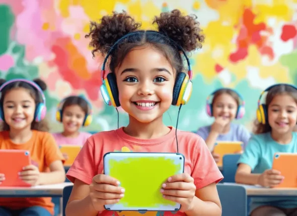 Classroom without books, with students wearing headphones and using tablets