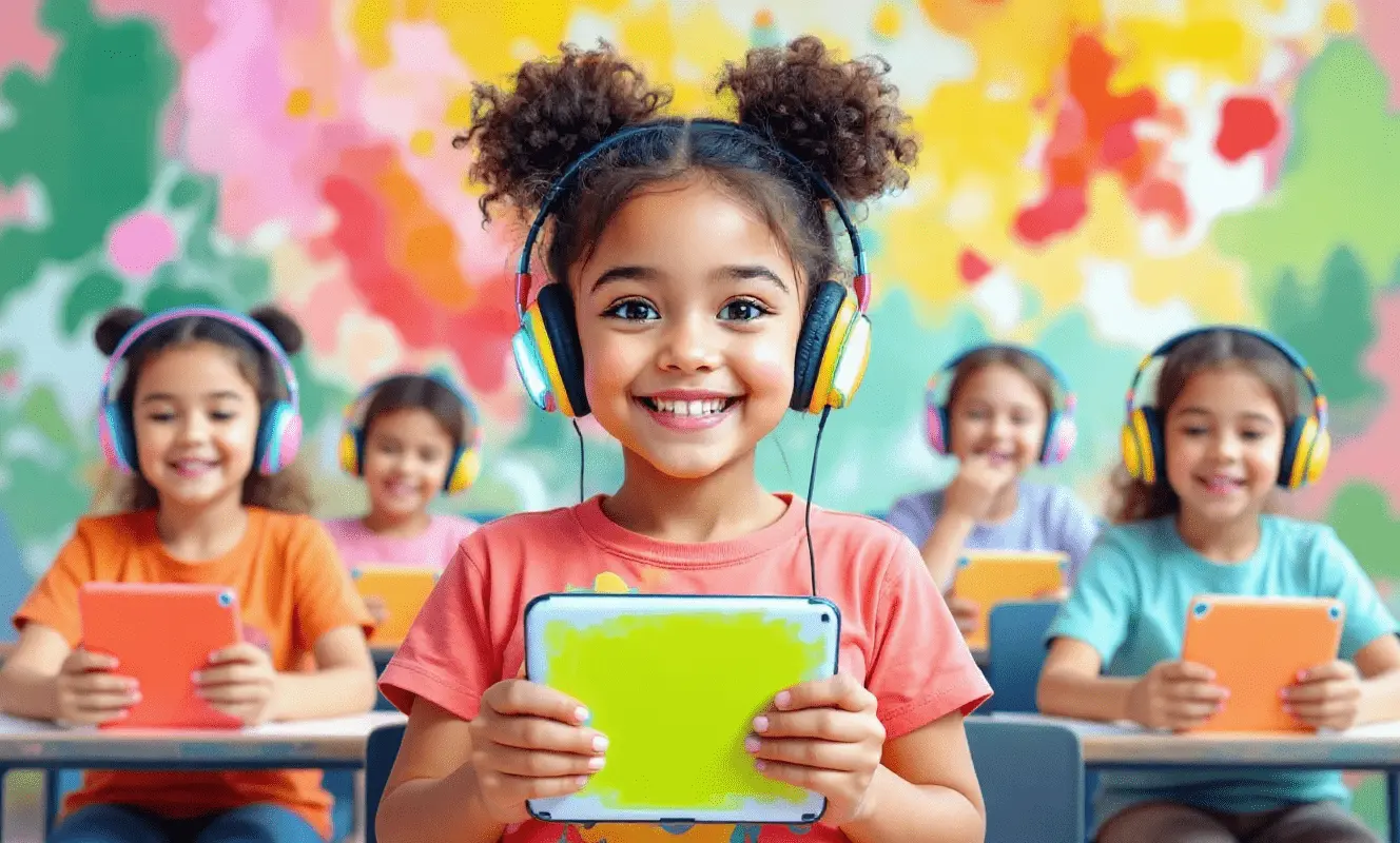 Classroom without books, with students wearing headphones and using tablets